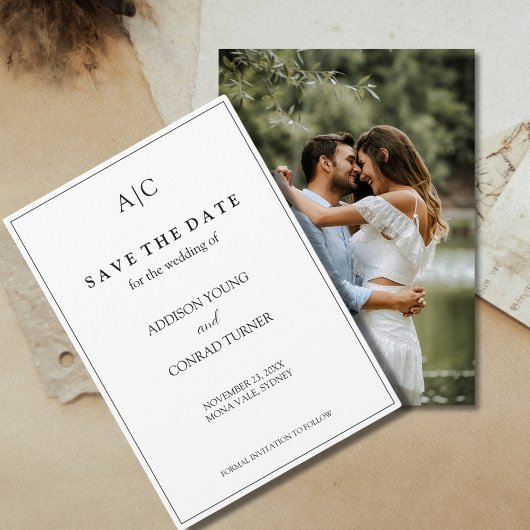 Witte Monogram Trouwfoto Save the Date Kaart