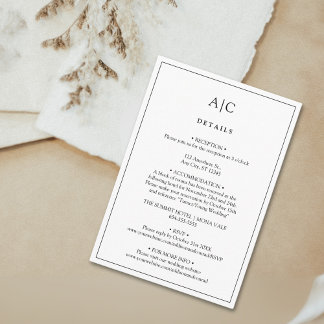 Witte Monogram Wedding Details Enclosure Kaart