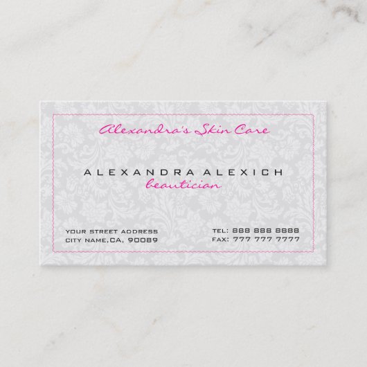 Witte Monotonen  Bloemen Damasks Visitekaartje (Voorkant)