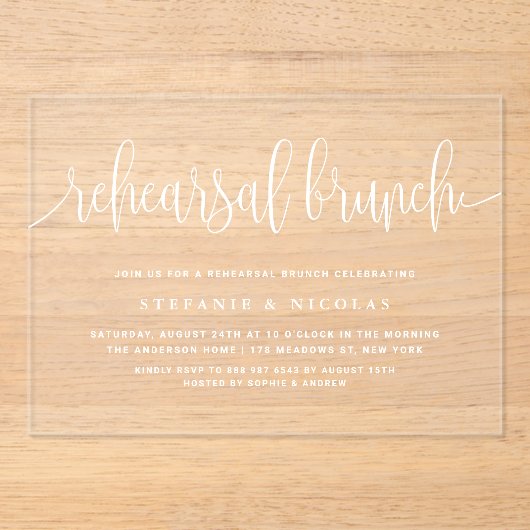 Witte Mooie Calligraphy Oefenbrunch Acryl Uitnodigingen (Voorkant)