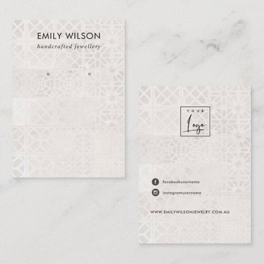 WITTE MOROCCAN TEGEL TEXTURE STUD EARRING DISPLAY VISITEKAARTJE (Voorkant / Achterkant)