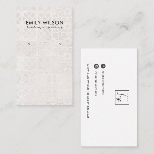 WITTE MOROCCAN TILE TEXTURE STUD EARRING DISPLAY VISITEKAARTJE (Voorkant / Achterkant)