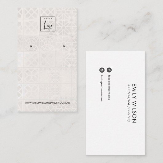 WITTE MOROCCAN TILE TEXTURE STUD EARRING DISPLAY VISITEKAARTJE (Voorkant / Achterkant)