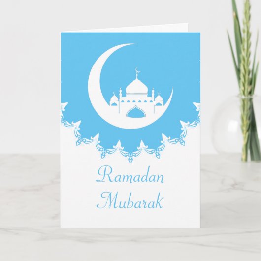 Witte Moskee in Crescent Moon Ramadan blauw Feestdagen Kaart (Voorkant)