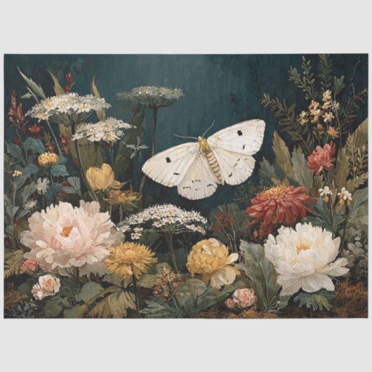 Witte Mot en Drieerige Bloemen Tissuepapier (Voorkant)