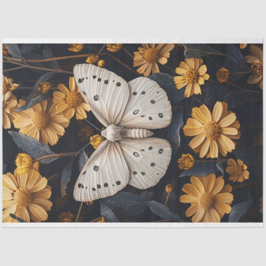 Witte mot rustend tussen gele bloemen tissuepapier (Voorkant)