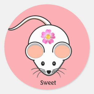 Witte muis cartoon met bloem op koraalroze ronde sticker