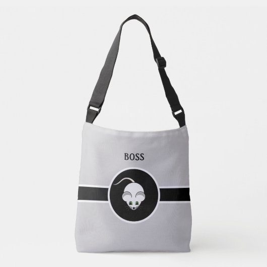 Witte muis en kalligrafie op lichtgrijs crossbody tas (Voorkant)