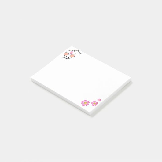 Witte muis en roze bloemen op wit post-it® notes (Schuin)