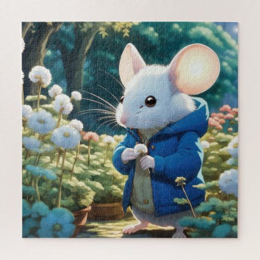 Witte muis in bloementuin legpuzzel (Verticaal)