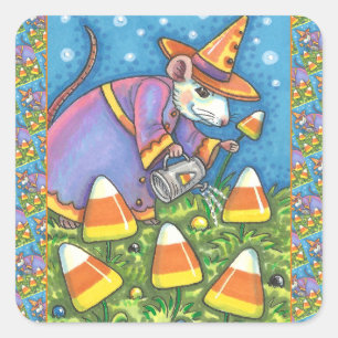 WITTE MUIS IN CANDY CORN GARDEN, KLEURRIJK EN SCHA VIERKANTE STICKER