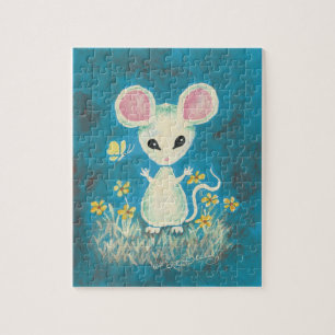 Witte muis met gele bloemen & vlinder. legpuzzel