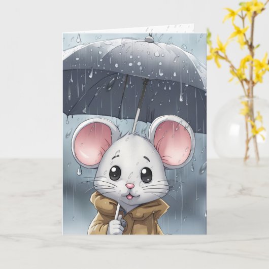 Witte muis met paraplu kaart (Gele Bloem)
