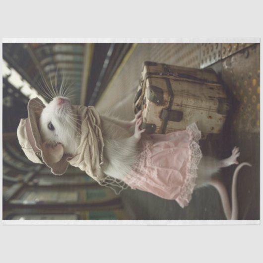 Witte Muis Roze Rok Koffer Decoupage Tissuepapier (Voorkant)