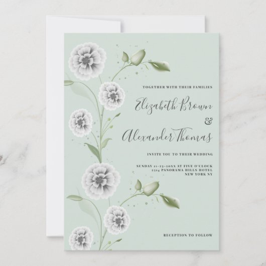 Witte munt waterverf papaver bloemblaadjes bruilof kaart (Voorkant)