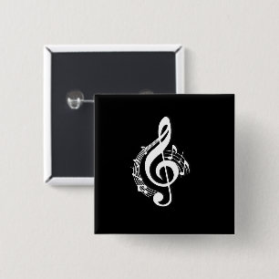 Witte muziek G sleutel op zwart Vierkante Button 5,1 Cm