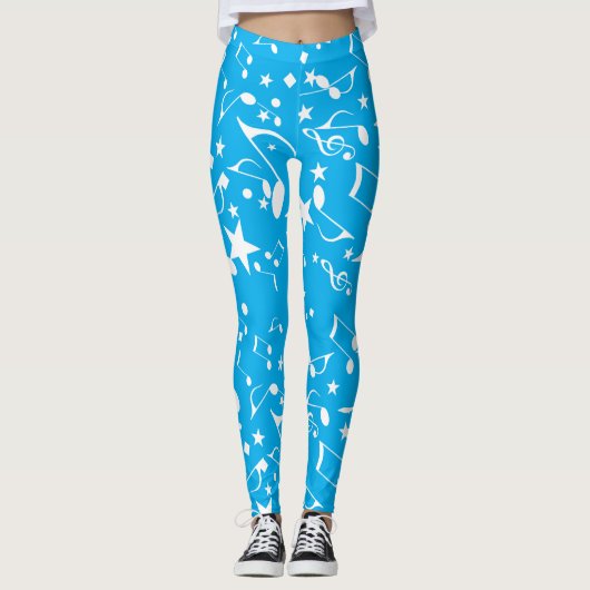 Witte muzieknoten op blauwe Leggings (Voorkant)