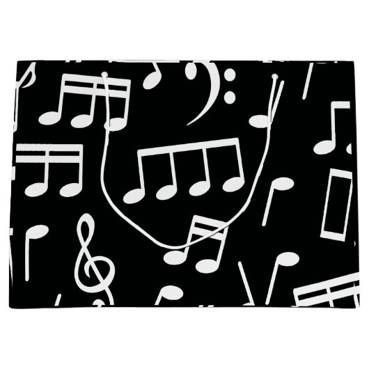 Witte Muzieknoten op zwarte achtergrond Gift Bag Groot Cadeauzakje (Voorkant)