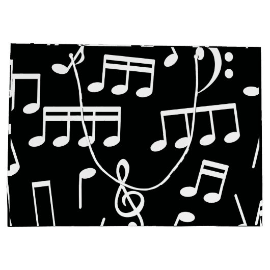 Witte Muzieknoten op zwarte achtergrond Gift Bag Groot Cadeauzakje (Achterkant)
