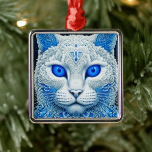 Witte Mystieke Kat Etherische AI Kunst Metalen Ornament
