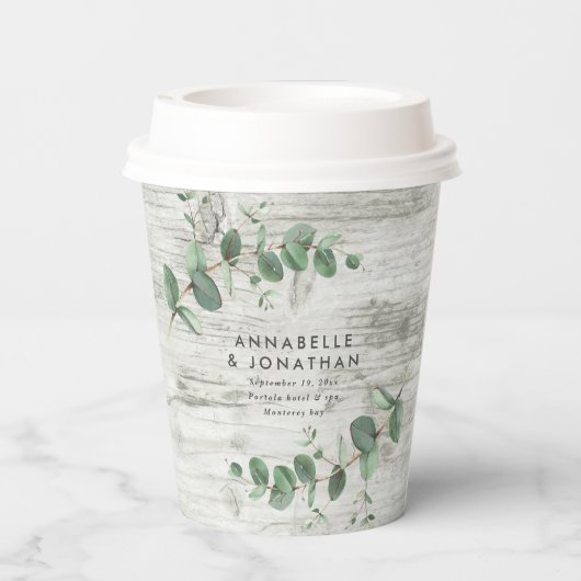 witte naaldhout - eucalyptusbruiloft papieren bekers (Achterkant)