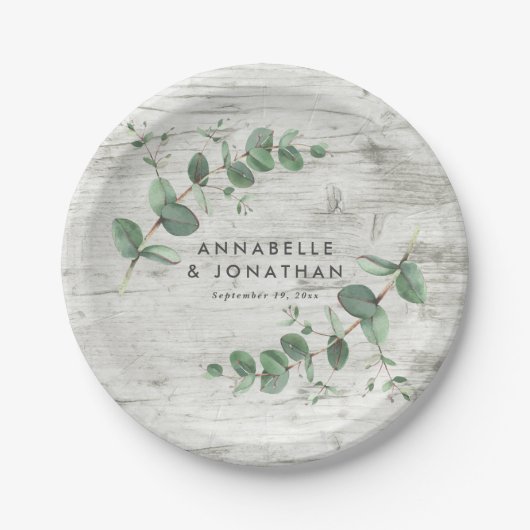 witte naaldhout - eucalyptusbruiloft papieren bordje (Voorkant)