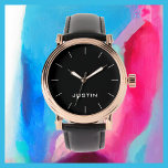 Witte Naam Classy Roos Gouden Mannen Horloge<br><div class="desc">Dit elegante roos gouden stijlvolle glam mannen is versierd met een zwarte achtergrond, zwarte band en gepersonaliseerd met jouw naam. U kunt de naam eenvoudig wijzigen en desgewenst de witte verdeelstreepjes verwijderen. Wat een geweldig geschenk voor een beste man, groomsman, bode, afstuderen, vaderdag, verjaardag, of een andere speciale gelegenheid. Alle...</div>