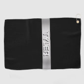 Witte naam, geborsteld zilveren streep, zwart golfhanddoek (Horizontaal)