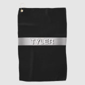 Witte naam, geborsteld zilveren streep, zwart golfhanddoek (Voorkant)