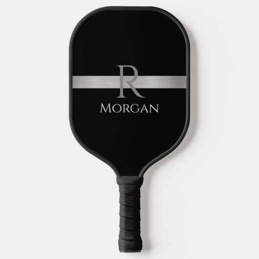 Witte naam & grijs monogram, zilverbalk op zwart pickleball paddle (Voorkant)