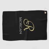 Witte Naam & Groot Goud Initiaal op Zwart Golfhanddoek (Horizontaal)