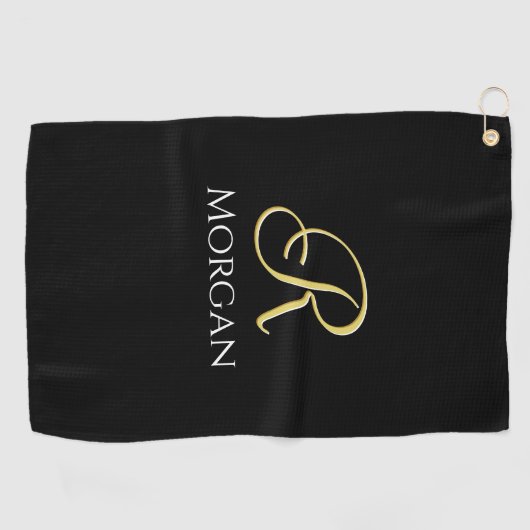 Witte Naam & Groot Goud Initiaal op Zwart Golfhanddoek (Horizontaal)