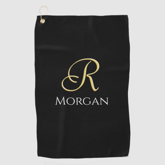 Witte Naam & Groot Goud Initiaal op Zwart Golfhanddoek (Voorkant)