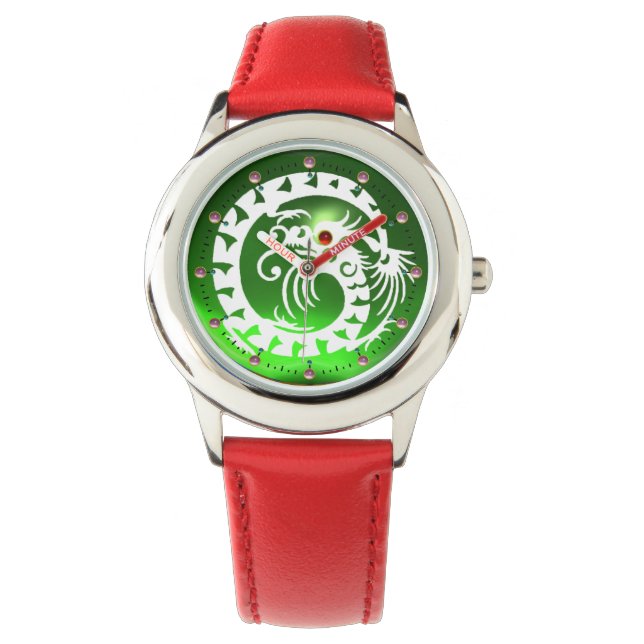 WITTE NAKE DRAGON IN EMERALD GROEN rood Pareltjes Horloge (Voorkant)