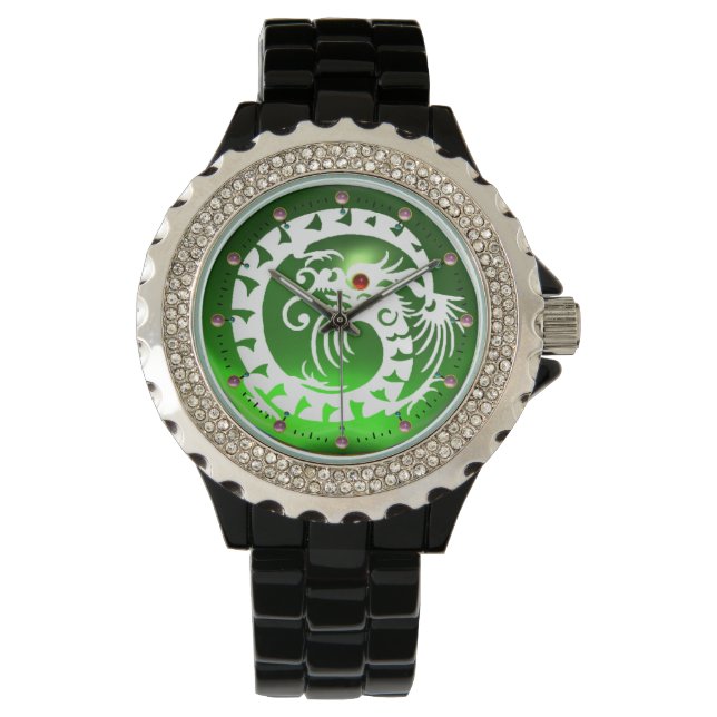 WITTE NAKE DRAGON IN EMERALD GROEN rood Pareltjes Horloge (Voorkant)