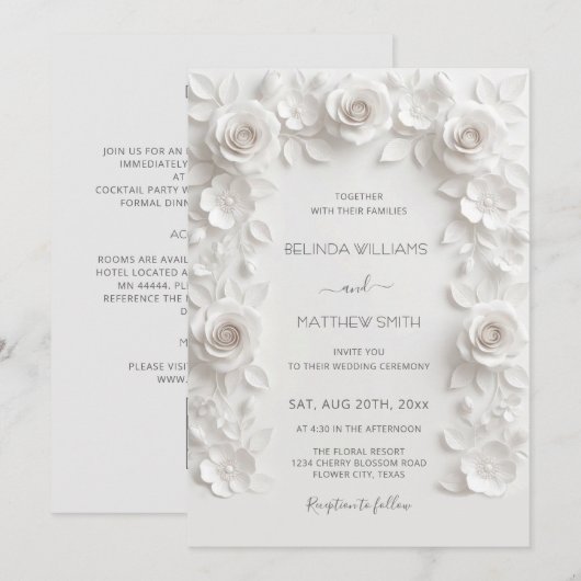 Witte namaak reliëf rozen frame alles-in-één kaart (Voorkant / Achterkant)