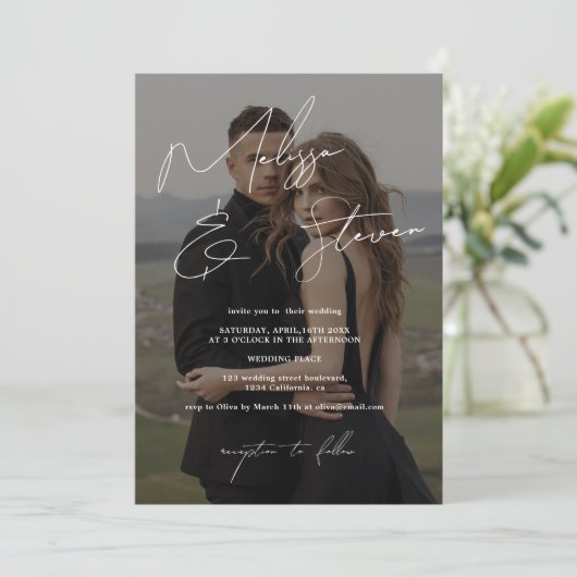 Witte namen script kalligrafie foto bruiloft kaart (Staand voorkant)