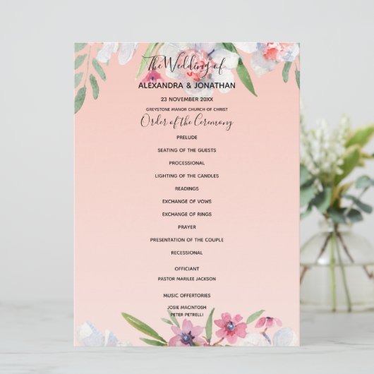 Witte Narcissus op Abrikoos Roze Bruiloft Programm Programmakaart (Staand voorkant)