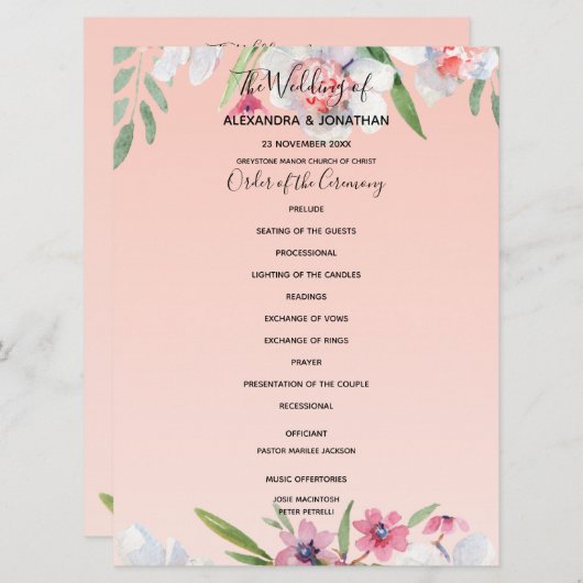 Witte Narcissus op Abrikoos Roze Bruiloft Programm Programmakaart (Voorkant / Achterkant)