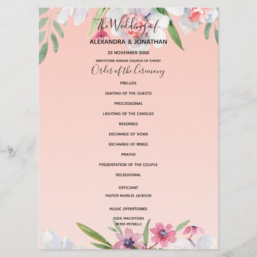 Witte Narcissus op Abrikoos Roze Bruiloft Programm Programmakaart (Voorkant)