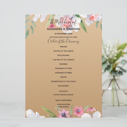 Witte Narcissus op Champagne Gold huwelijksprogram Programmakaart (Staand voorkant)