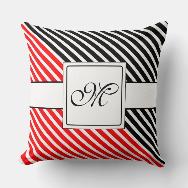 Witte Narrow Stripes + uw achterkleur en monogram Kussen (Voorkant)