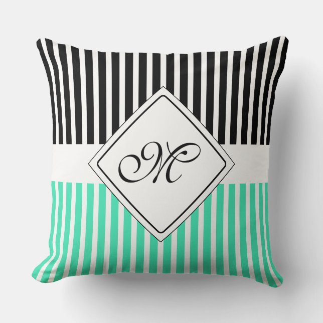 Witte Narrow Stripes + uw achterkleur en monogram Kussen (Voorkant)