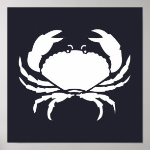 witte nautische CRAB-silhouet op blauw van de mari Poster