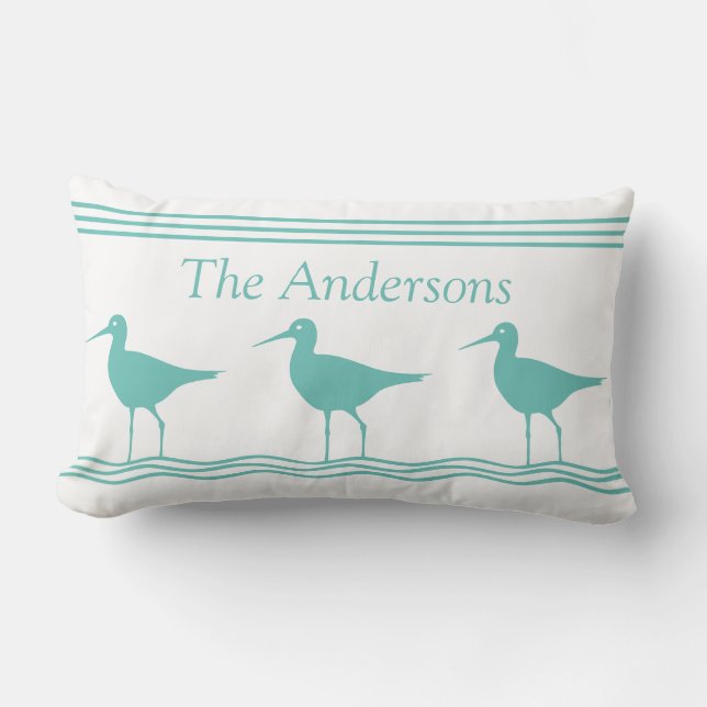 Witte Nautische Kussen Teal Blauwe Strandlopers (Voorkant)