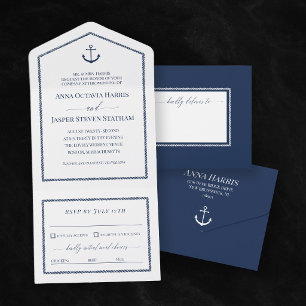 Witte Navy Blauwe Anker Nautilus Trouw  All In One Uitnodiging