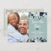 Witte Navy Blauwe Bloem Groene Trouw Save the Date Aankondigingskaart (Voorkant / Achterkant)