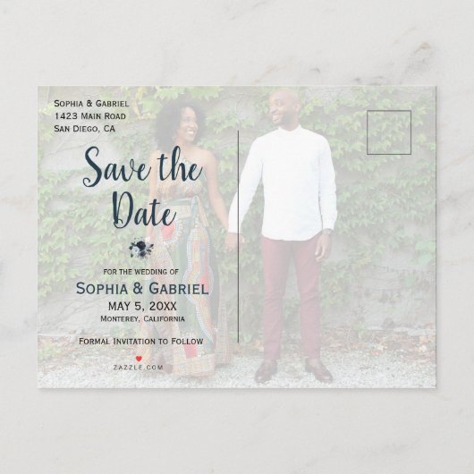 Witte Navy Blauwe Bloem Groene Trouw Save the Date Aankondigingskaart (Achterkant)