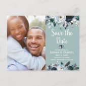 Witte Navy Blauwe Bloem Groene Trouw Save the Date Aankondigingskaart (Voorkant)