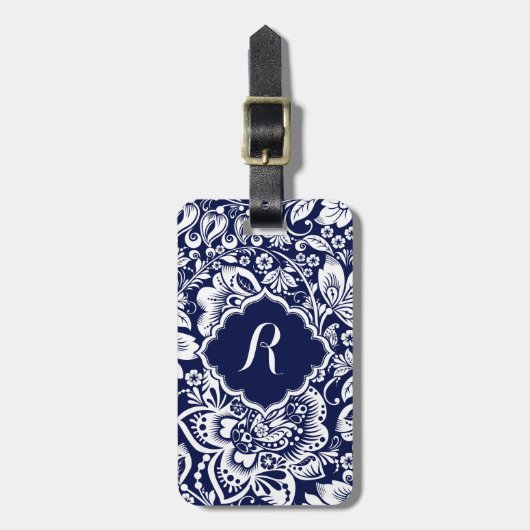 Witte & Navy Blauwe Bloemen Damasks Bagagelabel (Voorkant verticaal)